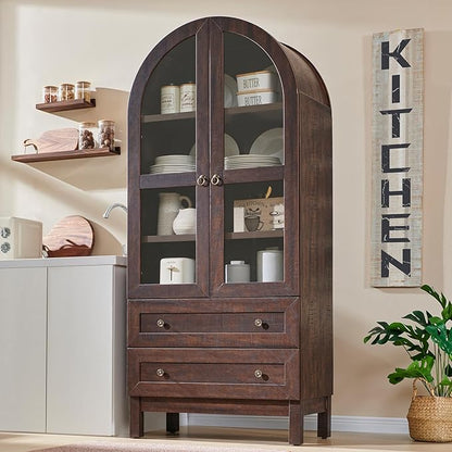 71" Tall Arched Bathroom Storage Cabinet, 4-Tier cabinet w/2 Large Drawers &Adjustable Shelves, Wooden bathroom Floor cabinets w/Glass Doors, Modern Farmhouse Versatile Cabinets for bathroom, Brown