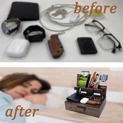 VEIYAILU Gifts for Men Women Husband Son Boyfriend Him Nightstand Organizer Wood Phone Docking Station Birthday Gifts (Walnut)
