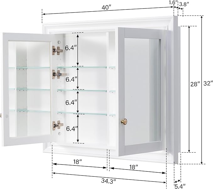 WELLFOR 40"x 32" Bathroom Medicine Cabinet with Dual Mirrors, Recessed Wood Medicine Cabinet with 3-Tier Adjustable Glass Shelves and Soft-Close Door