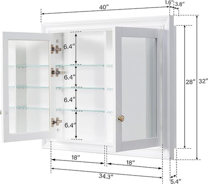 WELLFOR 40"x 32" Bathroom Medicine Cabinet with Dual Mirrors, Recessed Wood Medicine Cabinet with 3-Tier Adjustable Glass Shelves and Soft-Close Door