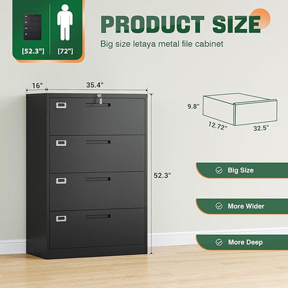 Letaya File Cabinets,4 Drawer Metal Lateral Filing Organization Storage Cabinets with Lock,Home Office for Hanging Files Letter/Legal/F4/A4 Size (Require Assembly)