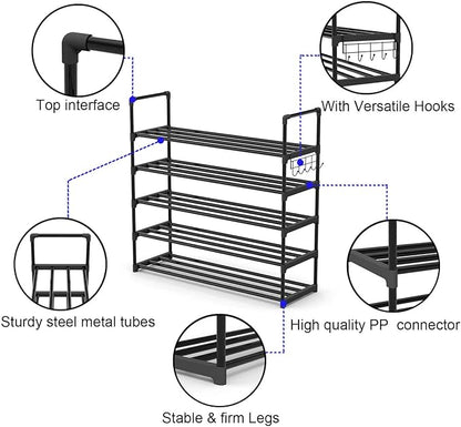 5 Tiers Metal Shoe Rack,Adjustable Shoe Shelf Storage Organizer with Hooks,Stackable Boot & Shoe Storage,for Entryway,Hallway,Closet,Black