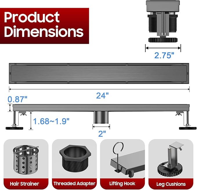 DLONE Linear Shower Drain | 24" AISI 304 Stainless Steel Linear Drain, Gun Gray Shower Drain with Tile Insert Panel & Adjustable Feet, Rectangle Shower Floor Drain in Bathroom, Balcony, etc