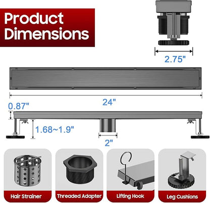 DLONE Linear Shower Drain | 24" AISI 304 Stainless Steel Linear Drain, Gun Gray Shower Drain with Tile Insert Panel & Adjustable Feet, Rectangle Shower Floor Drain in Bathroom, Balcony, etc