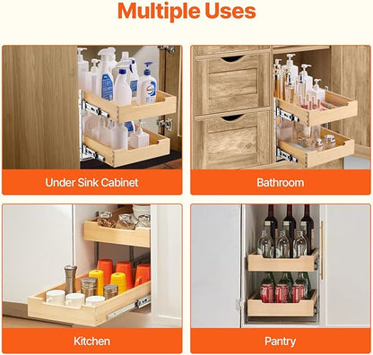 VEVOR 2 Tier Pull Out Cabinet Organizer, 14" W x 21" D Cabinet Drawer, Soft Close Slide out Shelf, Heavy-Duty Sliding Wood Drawer, Adjustable Base Cabinet Organization for Kitchen Pantry Bathroom