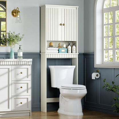 Over The Toilet Storage Cabinet, Over Toilet Storage with Fluted Door, Over The Toilet Storage Bathroom Organizer Bathroom Shelf Over Toilet, Behind Toilet Storage Cabinet Organizer,Cream White