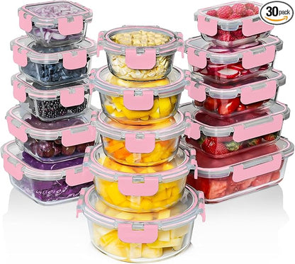 Razab 30 PC Glass Food Storage Containers with Lids - Reusable Glass Meal Prep Containers for Lunch and Leftovers - Airtight & Leakproof Snap Locking Lids - Oven, Freezer, Microwave, Dishwasher Safe