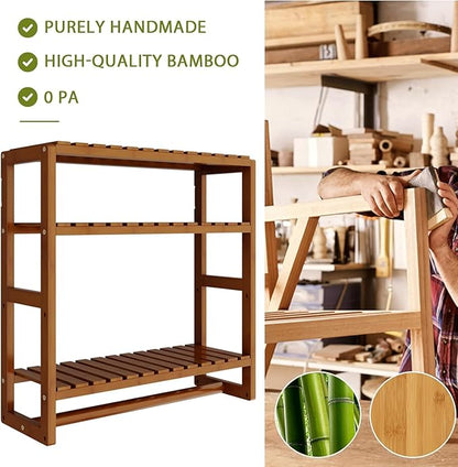 Galood Over The Toilet Storage Bathroom Shelves Wall Mounted 3 Tier Space Saver Corner Shelf Organizer Bamboo Towel Rack Toilet Paper Cabinet with Hanging Rod Brown