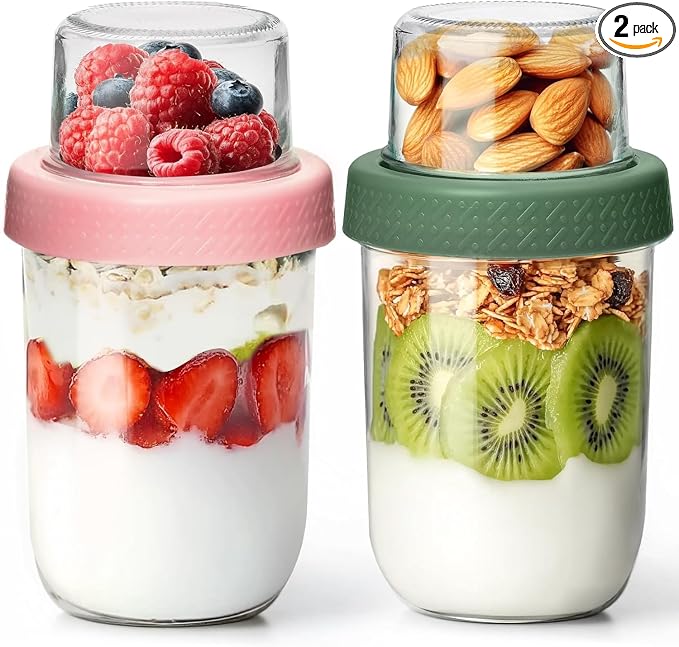 16+4oz Glass Yogurt Parfait Cups with Lids, Reusable Containers with Dry & Wet Separation, Leak-Proof for Overnight Oats, Meal Prep, Portable to Work & School, Easy Clean 2 Pack (Pink+Green)