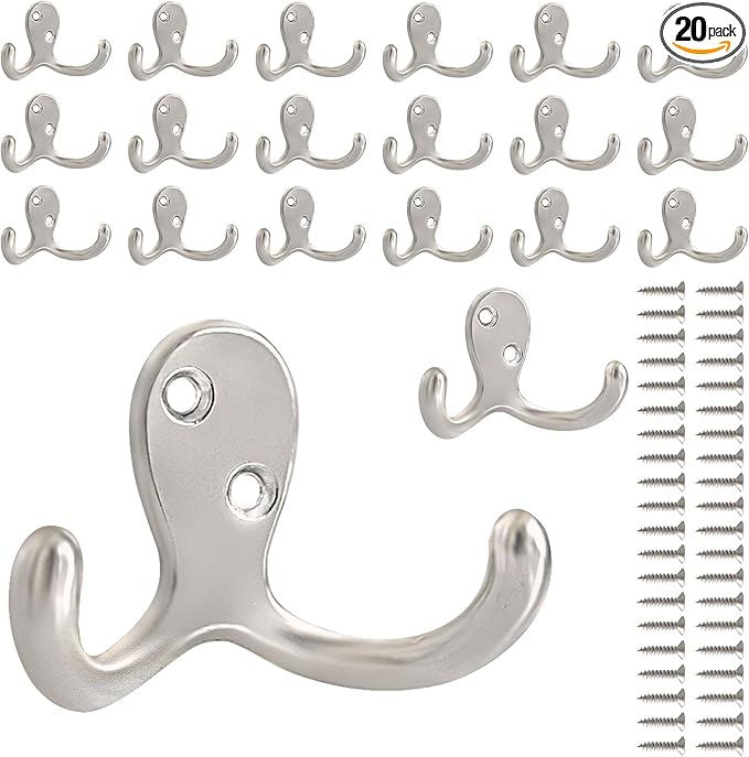 20 Pack Coat Hooks Wall Hooks for Hanging, Heavy Duty Double Prong Metal Hook Wall Mounted for Living Room, Bathroom, Kitchen, Bedroom for Coat, Bag, Scarf, Towel, Hat, Key, Cup (Silver)