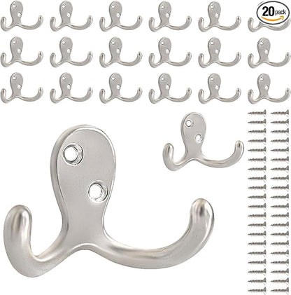 20 Pack Coat Hooks Wall Hooks for Hanging, Heavy Duty Double Prong Metal Hook Wall Mounted for Living Room, Bathroom, Kitchen, Bedroom for Coat, Bag, Scarf, Towel, Hat, Key, Cup (Silver)