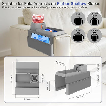 KindGa Couch Cup Holder Tray，Super Large Silicone Sofa Armrest Tray with Side Pockets，Anti-Slip Couch Caddy for Drinks/Phone/Remote/Snacks Sofa Table Organizer，Fathers Day Dad Gifts -Slate Gray
