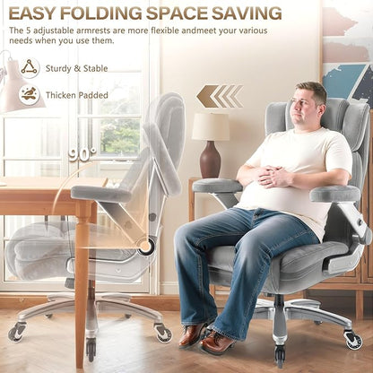 650LBS Fabric Heavy Duty Executive Office Chair with 5D Flip Arms and Pocket Spring Cushion, Ergonomic Big and Tall Desk Chair with Lumbor Support,High Back Cloth Computer Chair (Fabric Grey)