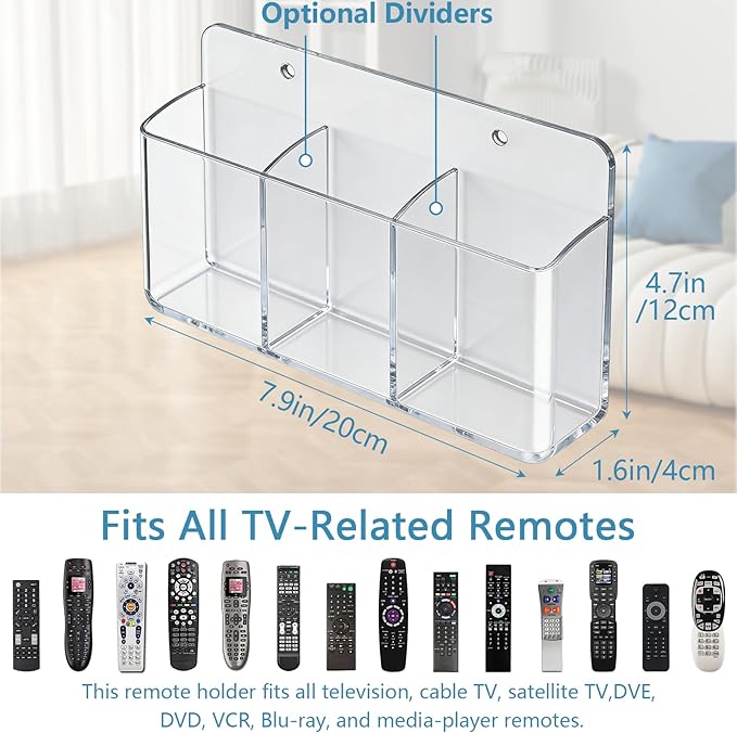 3 Compartments Remote Control Holder Wall Mount, TV Controller Holder, Self Adhesive Remote Holder, Wall Pen Holder Storage Accessories for Home Office School (Clear)