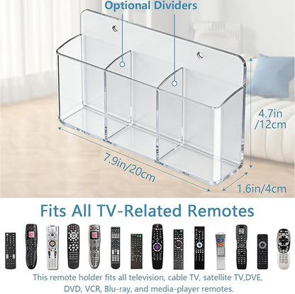 3 Compartments Remote Control Holder Wall Mount, TV Controller Holder, Self Adhesive Remote Holder, Wall Pen Holder Storage Accessories for Home Office School (Clear)
