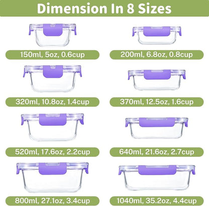 HOMBERKING 8 Pack Glass Food Storage Containers with Lids, Meal Prep Containers, Airtight Bento Boxes with Leak Proof Locking for Microwave, Oven, Freezer and Dishwasher, BPA Free, 5-35oz, purple