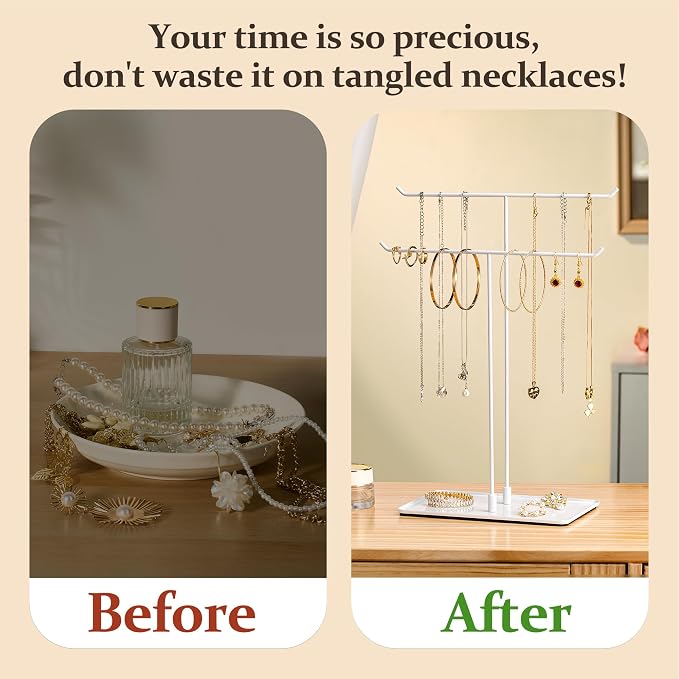 bussdis Necklace Holder Jewelry Stand Organizer for Necklaces and Bracelets, Metal Display Stand, Gift for Women, Ideal for Home, Bedroom, or Vanity, White