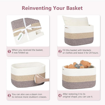 Cotton Rope Shelf Storage Basket, 15x10x9 in, Shelf Storage Baskets for Clothes, Towels, Books, Laundry (White/Pink, 1 Pack)