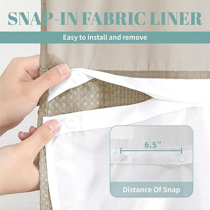 Khaki No Hook Waffle Weave Shower Curtain with snap-in Liner Replacement, 230GSM Waterproof Fabric Hotel Shower Curtain Set for Bathroom, Through Mesh Top Window,71Wx77H