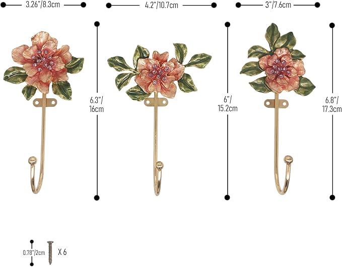 Vintage Flower Shaped Decorative Wall Hooks Rack Hangers for Hanging Clothes Coats Towels Keys Hats, 3 Pack Antique Metal Mounted Wall Hook