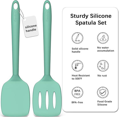 Coukre 2 Pack Silicone Spatula Set, High Heat Resistant, BPA Free Kitchen Spatula, Solid & Slotted Turner for Non-Stick Pans, Sautéing, and Flipping (2, PureAquaGreen)