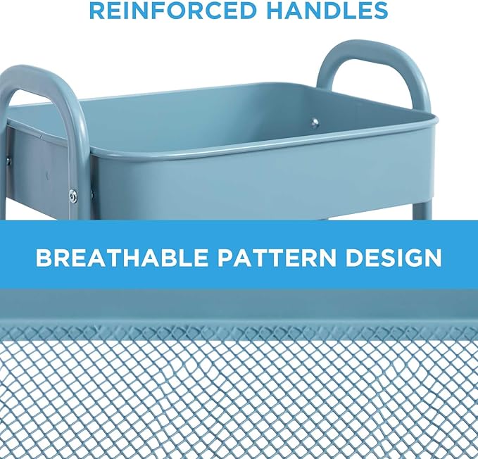 AGTEK Makeup Cart, Movable Rolling Organizer Cart, Grey-Blue 3 Tier Metal Utility Cart