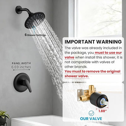 gotonovo Shower Faucet Set Bathroom Shower Head and Handle Set Complete 6 Settings 6 inch Rainfall Shower Head Kit High Pressure Shower System Combo Shower Trim Kit with Valve Matte Black