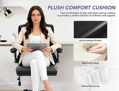 Office Chair with Adjustable Inflatable Lumbar Support,Leather Ergonomic Computer Desk Chair with Flip-up Arms,Adjustable Tilt Lock,Swivel Rolling Executive PC Chair for Work,Study,Meeting.Black