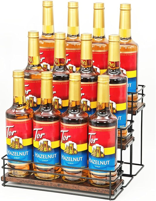 12 Bottle Coffee Syrup Organizer Rack, 3 Tier Coffee Syrup Bottle Stand Holder for Coffee Bar, Installation-free, Liquor Bottle Display Shelf, Coffee Syrup Shelf for Liquor Whiskey Wine Display