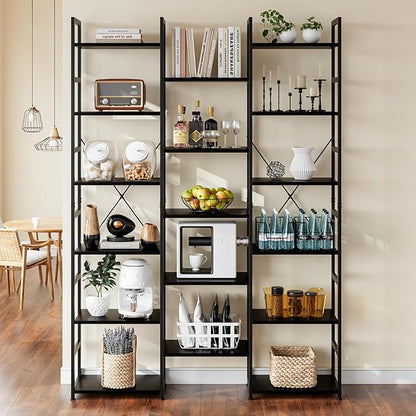 NUMENN Triple Column 6 Tier Bookshelf, Bookcase with 17 Open Display Shelves, Adjustable Rustic Industrial Style Book Shelves, Modern Bookshelves for Bedroom, Living Room and Home Office, Black