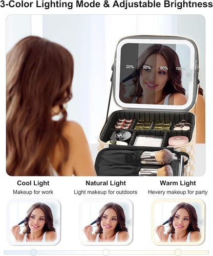 Relavel Travel Makeup Bag With LED Mirror, Cosmetic Train Case with Light up Mirror, Portable Makeup Artist Organizer Bag with Adjustable Dividers, Makeup Brush Holder Storage, Plaid