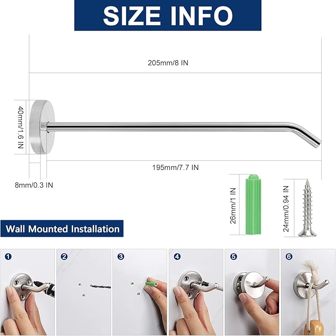 NearMoon Coat Hooks, Wall Mount Hooks for Hanging Hat Hurse Robe, 304 Stainless Steel Heavy Duty Towel Hangers for Bathroom Livingroom Hotel Kitchen Garage, 6 Pack (8 Inch, Brushed Nickel)