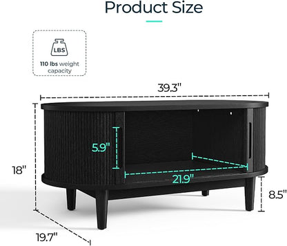 LINSY HOME Round Coffee Table, 31.5" Drum Coffee Table with Sliding Tambour Door, Fluted Accent Center Table with Storage, Mid Century Modern Coffee Table for Living Room (Oval Black)