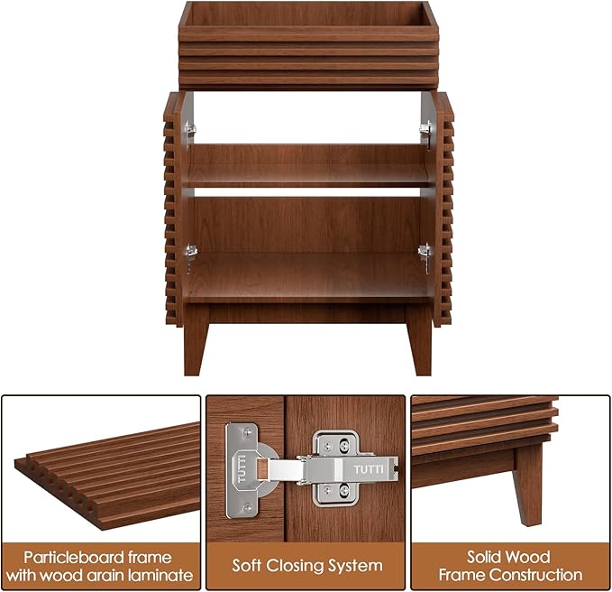 ROOMTEC 24" Bathroom Vanity, Mid-Century Freestanding Bathroom Cabinet Vanity with Storage, Particleboard Frame with Wood Grain Laminate, Walnut (Sink Basin Not Included)