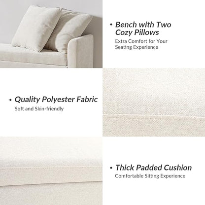 HULALA HOME Modern Storage Bench with Throw Pillows, 59.4" Extra Long Bedroom Ottoman Bench for End of Bed, Comfy Upholstered Footstool for Entryway Living Room Dining Room, Linen
