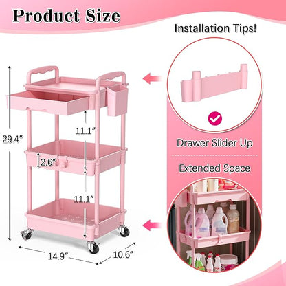 SUNALLY 3 Tier Rolling Cart with Drawer, Bathroom Storage Organizer with 2 Lockable Wheels, Multifunctional Rolling Storage Cart for Bathroom, Kitchen, Office, Craft, Makeup, Baby Essentials, Pink