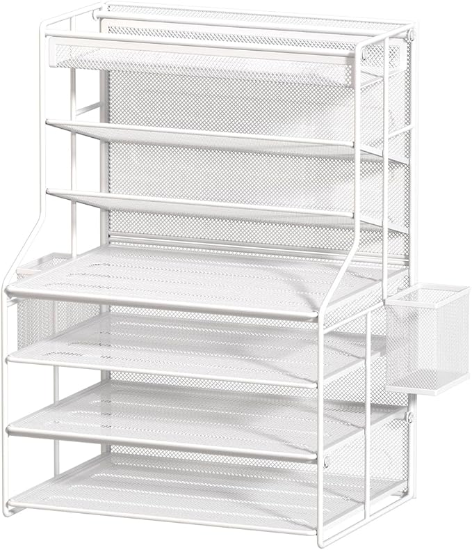 7 Tier Desk File Organizer,Metal Document Holder with Adjustable Shelves, Pull-Out Drawer & Removable Pen Holder for Office Organization,White