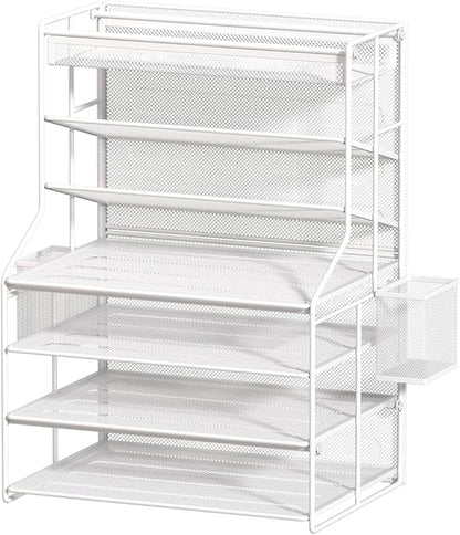 7 Tier Desk File Organizer,Metal Document Holder with Adjustable Shelves, Pull-Out Drawer & Removable Pen Holder for Office Organization,White