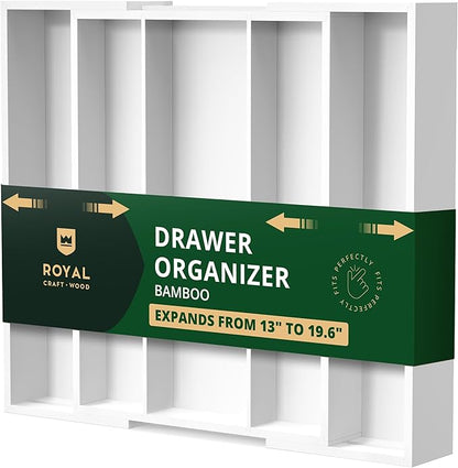 ROYAL CRAFT WOOD Luxury Bamboo Kitchen Drawer Organizer - Silverware Organizer - Utensil Holder and Cutlery Tray with Grooved Drawer Dividers for Flatware and Kitchen Utensils (5 Slot, White)