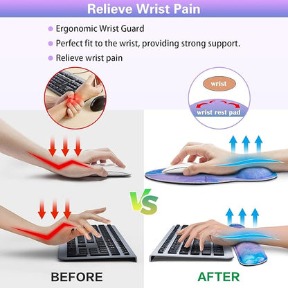 Mouse Pad Purple, Mouse Pad with Wrist Rest Set, 3-in-1 Wrist Support Mousepad Set,Gaming with Anti-Skid Base,Ergonomic Memory Foam Keyboard Gel Wrist Rest