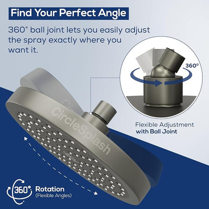 High Pressure Shower Head - Anti-Clogging Silicone Nozzles 2.5 GPM Removable Restrictor - Easy to Clean and Install - Includes Plumbers Tape - 6 inch - (Matte Grey, 2.5GPM)