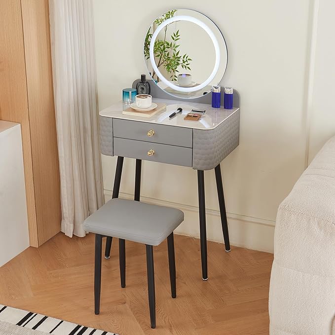 Makeup Vanity with Round Mirror,Light,Two Drawers,Cushioned Stool Set.Small Dressing Table for bedrooms and Dressing Rooms.Grey