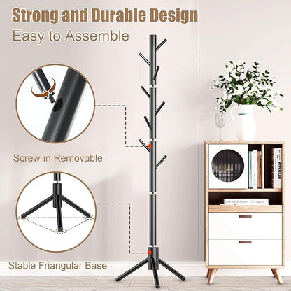 Wooden Coat Rack Stand, Freestanding Coat Rack with 8 Hooks, 3 Adjustable Size Coat Tree for Hats, Coats, Scarves bags, Coat Hanger Stand Used in Bedroom/Office/Entryway,2 PCS (Black)