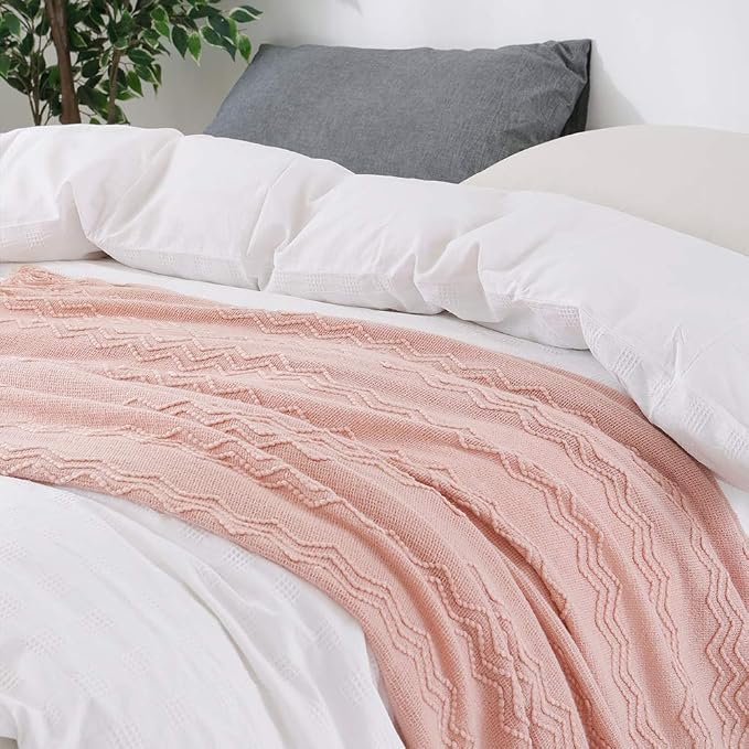 BOURINA Pink Throw Blanket 60x80 Inches Throw Textured Solid Soft Sofa Throw Couch Knitted Decorative Blanket