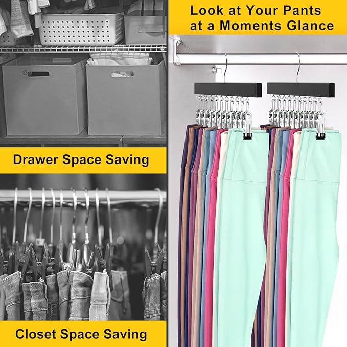 Legging Organizer for Closet, Pants Hangers with Clips Holds 20 Leggings, Jeans, Hats, Shorts, Socks, 360° Rotating Space Saving Hanging Lightweight Garment Hanger Storage 2Pcs