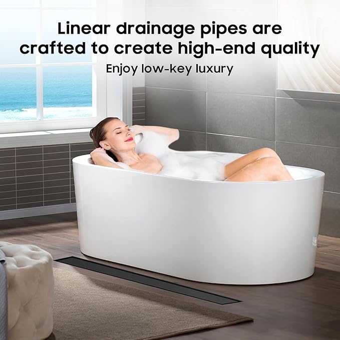 DLONE Linear Shower Drain | 60" AISI 304 Stainless Steel Linear Drain, Matte Black Shower Drain with Tile Insert Panel & Adjustable Feet, Long Rectangle Shower Floor Drain in Bathroom, Balcony, etc