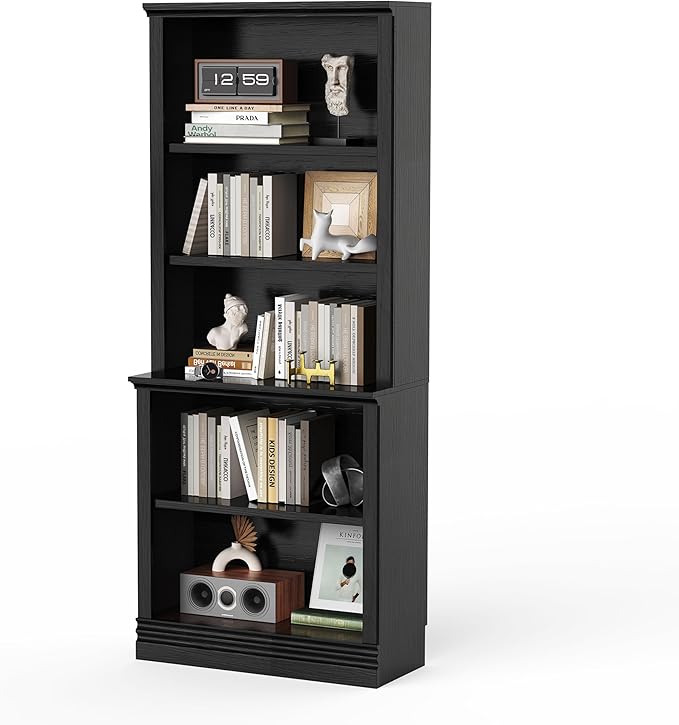72 in Tall Bookcase, Black 31.3 in Wide Floor Standing Bookshelf, 5 Tier Large Floor Standing Display Storage Shelves with Adjustable Shelves for Living Room Hallway Home Office Bedroom