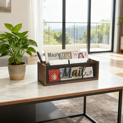 Mail Organizer Countertop, Rustic Farmhouse 2-Slot Wood & Iron Mail Holder, Retro Wall Mounted or Desk Entryway Letter Bill Envelope Sorter, No Assembly | Wood & iron, 11"×4"×4", holds letters, bills & magazines. Non-slip base, no sliding or scratching...