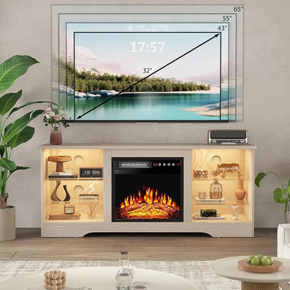 PRETZI Fireplace TV Stand with 18" Fireplace Up to 65" TVs, 58" Entertainment Center with LED Lights, TV Media Console with Adjustable Glass Shelves and Storage Cabinets for Living Room, Beige
