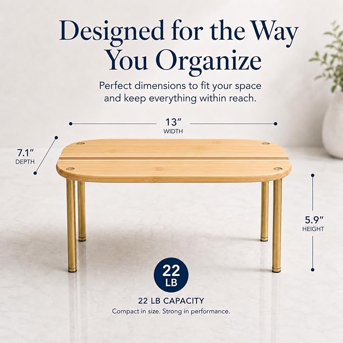 Ibyx Cabinet Organizer Set of 2 - Kitchen Pantry Organizers and Storage with Bamboo Top & Brass-Effect Metal Legs - for Kitchen Counter & Stackable Shelves for Cabinets with 22 lb Capacity - Natural